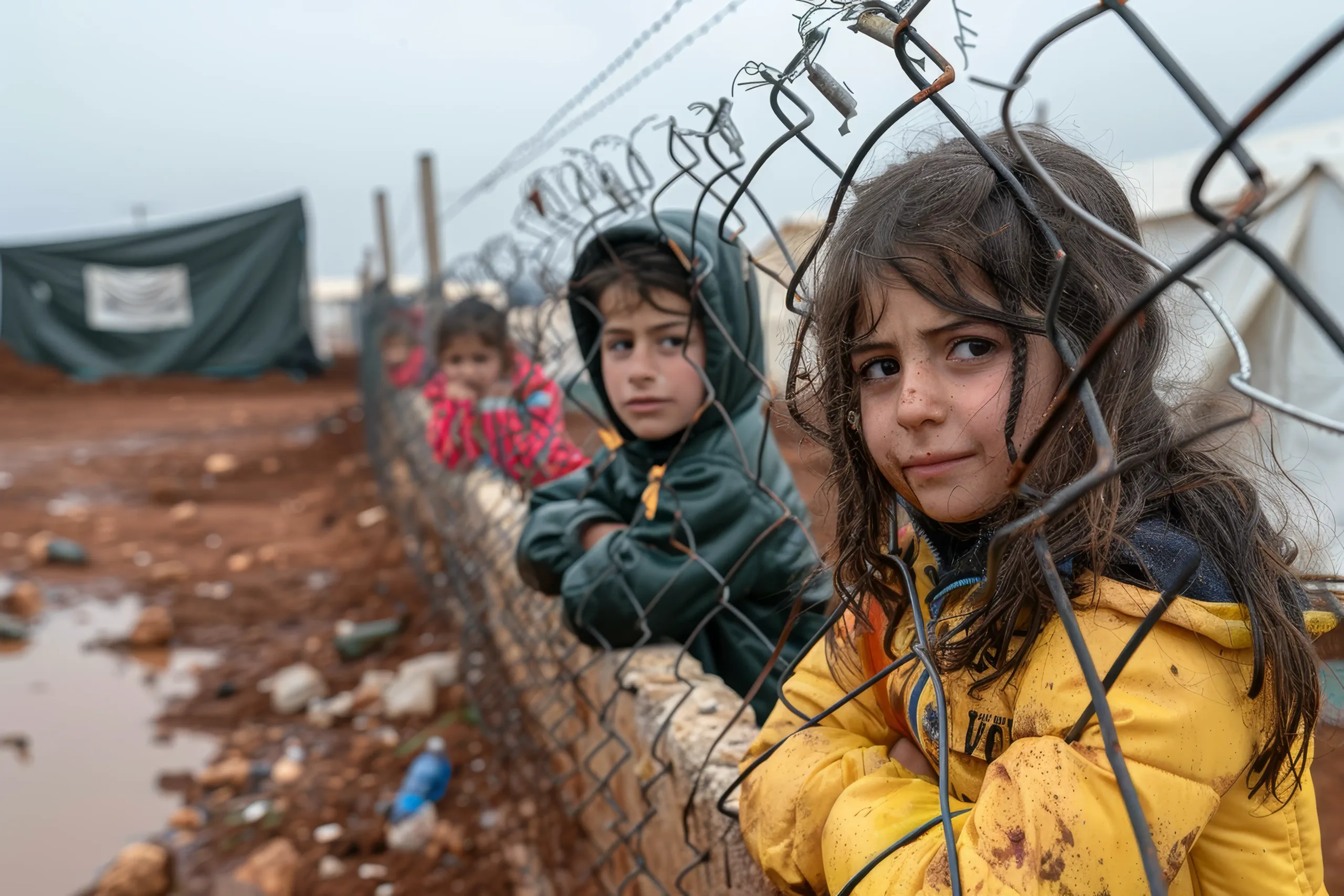 Niños en un campo de refugiados mirando a través de una cerca de alambre en un día frío y embarrado.